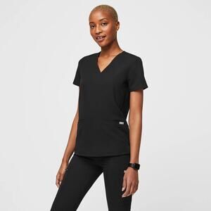 EUC‎ FIGS Casma Black Three Pocket Scrub Top Size Small V Neck Short Sleeve Tech